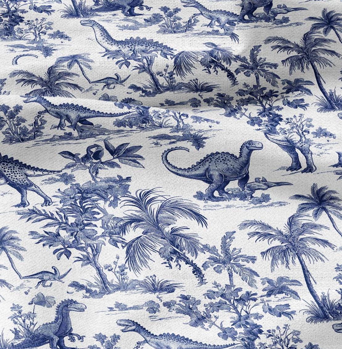 100% LINEN Fabric Toile de Jouy with dinosaures - white botanical fabric with blue indigo print - French linen floral Dino Nursery fabric