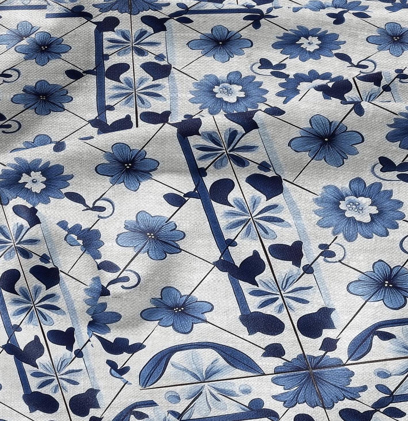 100% LINEN Fabric block print indigo blue white Portugal tile - mediterranean fabric floral print - linen fabric upholstery dress making