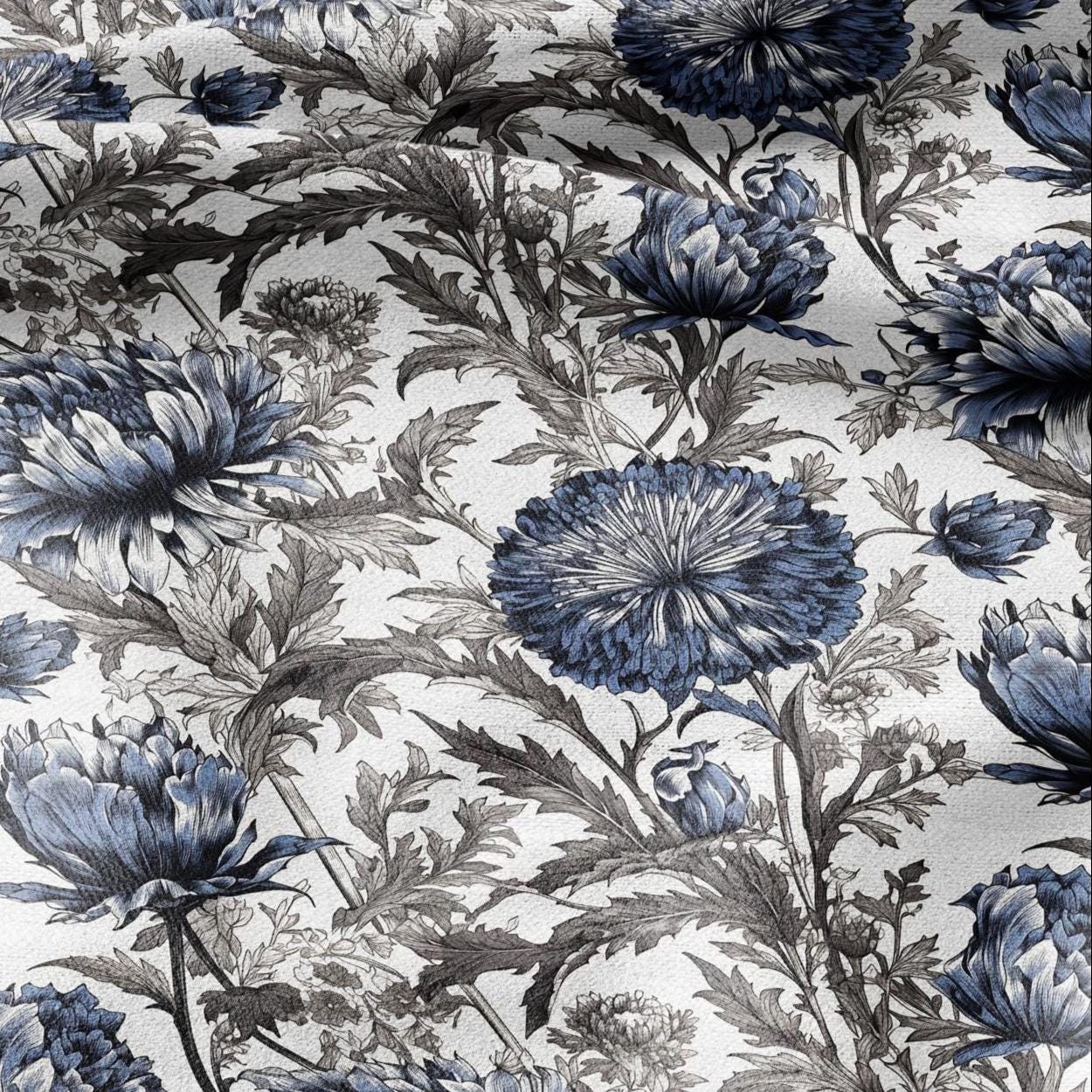 100% LINEN Fabric blue flower print on white linen - Floral print flax fabric for uphlstery heavy / medium for clothing 2575