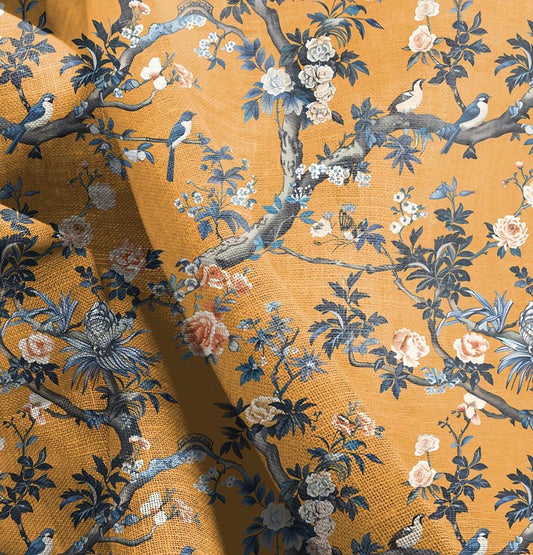 100% LINEN Fabric mustard toile de jouy print on linen, floral fabric with trees and birds, French linen floral upholstery