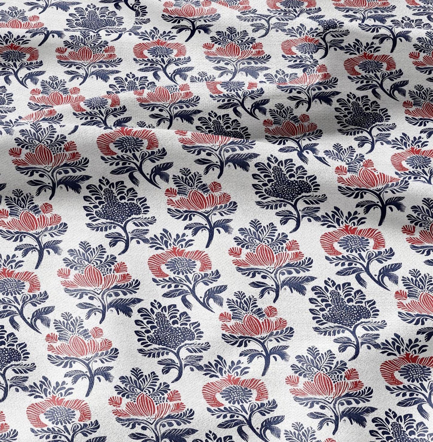 100% LINEN Fabric block print - linen fabric with blue red white floral print - heavy linen fabric for upholstery home decor