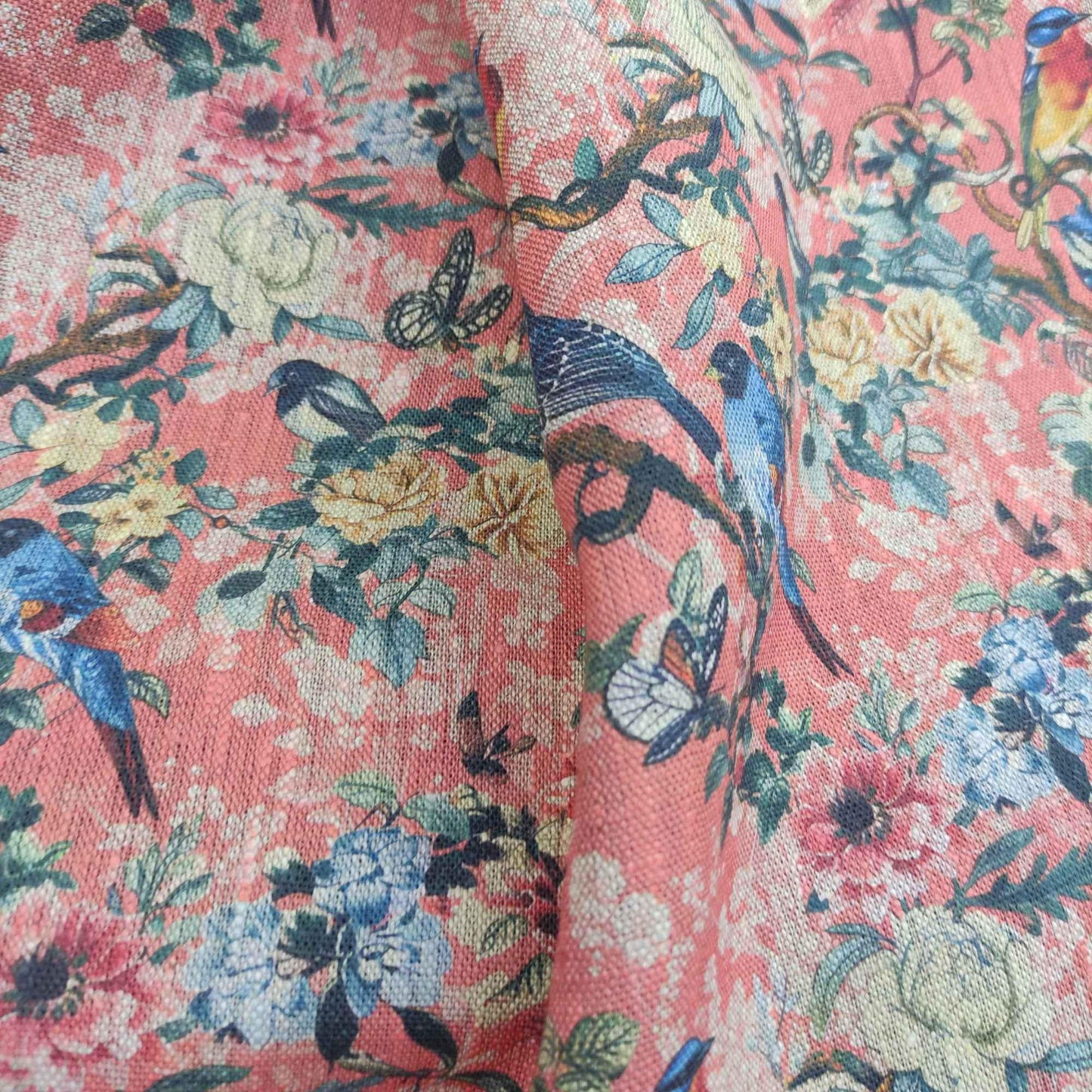 100% LINEN Fabric Toile de Jouy with flowers and birds, pink botanical print linen fabric for home decor upholstery