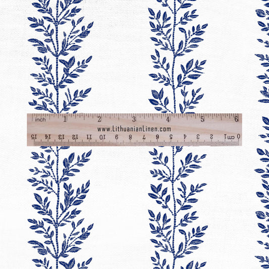 100% LINEN Fabric french blue floral stripe print on white linen - tree leaves on flax fabric for uphlstery heavy / medium for clothing 2580