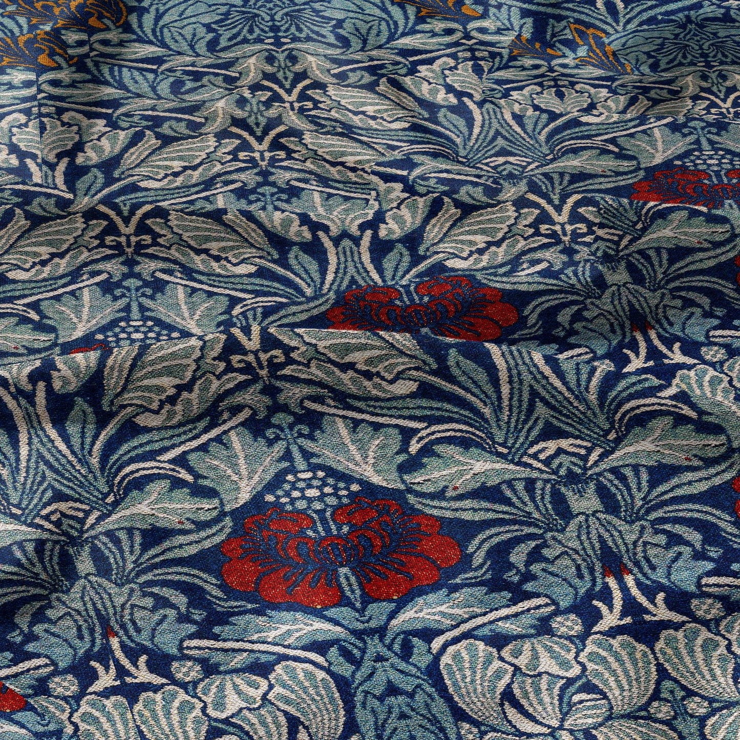 William Morris Blue red roses 100% LINEN Fabric, British linen floral upholstery home textile Victorian fabrics