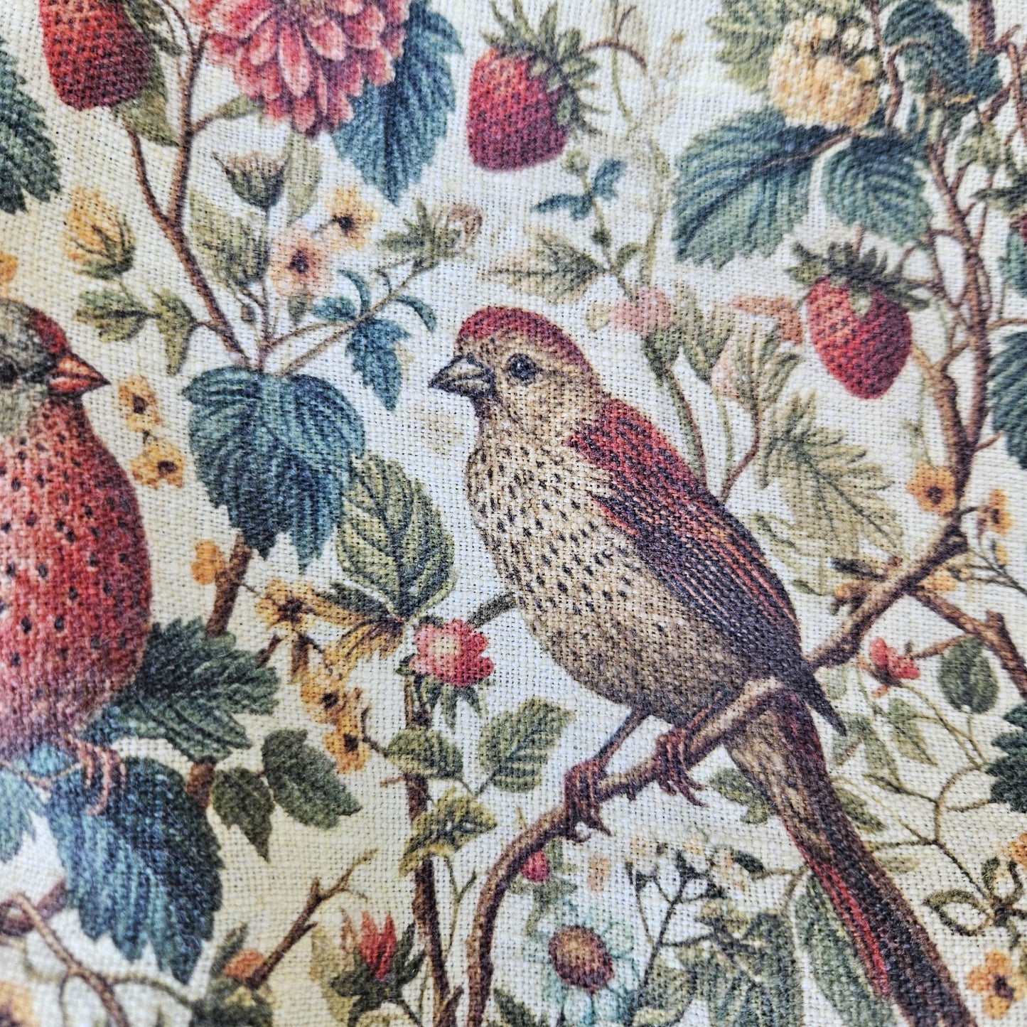 Birds in Strawberry field 100% LINEN Fabric, flax linen fabric Strawberry print on linen for home textile clothing curtains