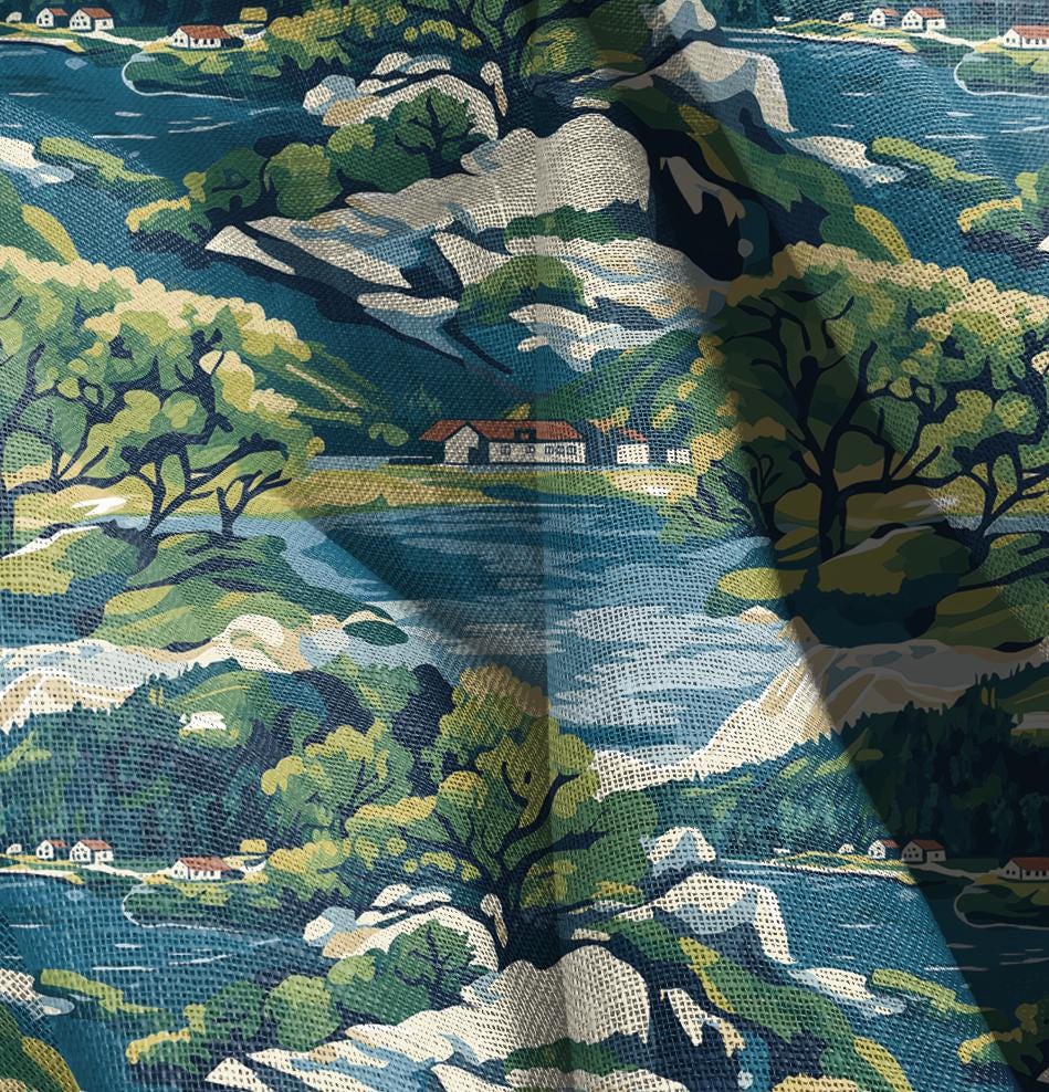 100% LINEN Fabric Swedish archipelago scenery, linen fabric with blue green print, heavy linen fabric for upholstery home decor tablecloth
