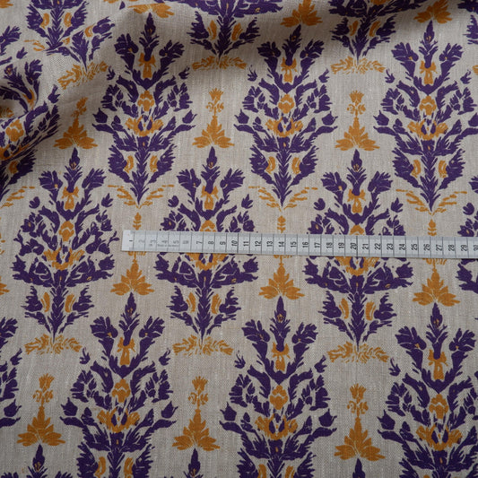 100% LINEN Fabric block print with purple yellow | oatmeal linen fabric with floral print | linen fabric for upholstery home decor