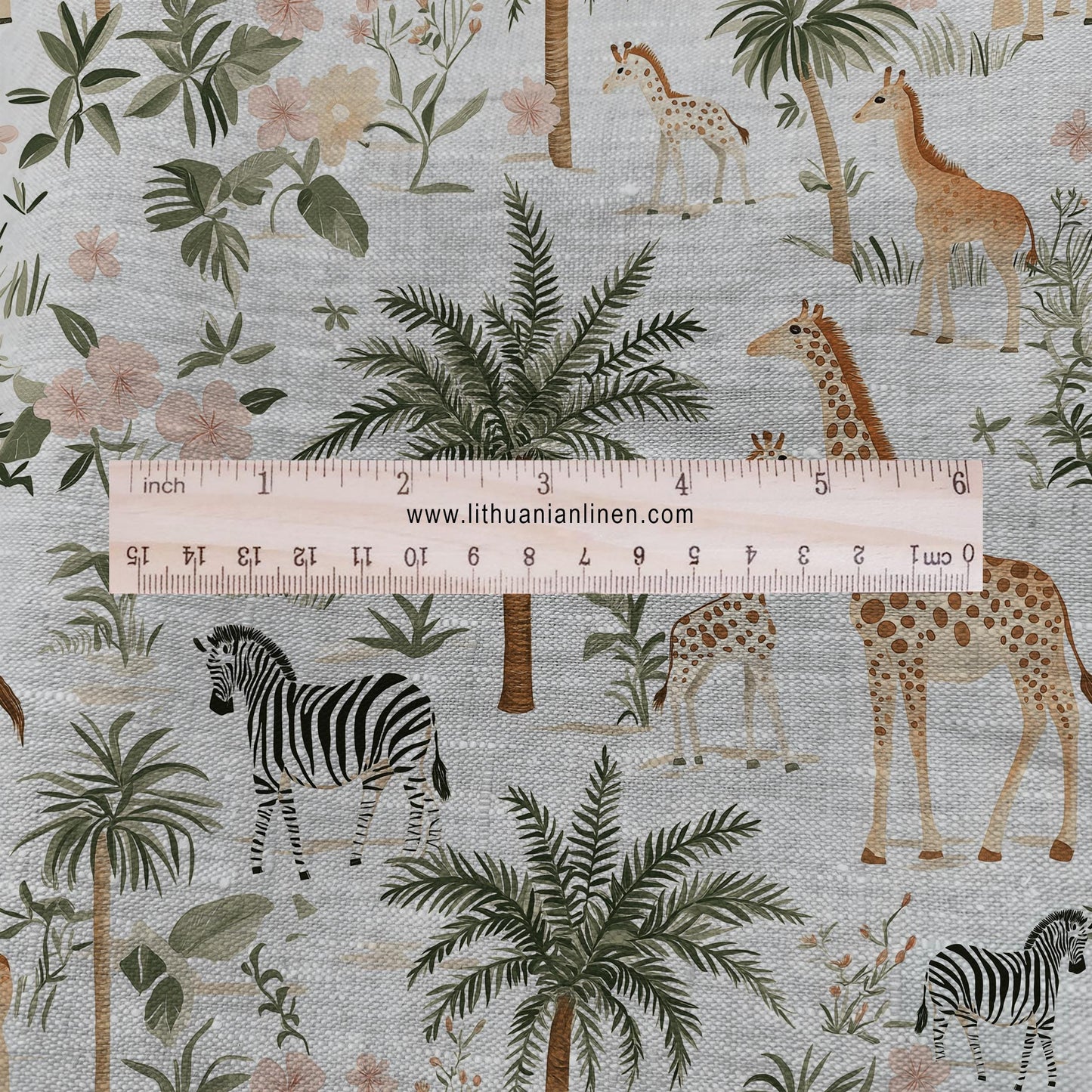 100% LINEN Fabric Africa print with giraffe and zebra - oatmeal natur linen fabric with Savana print for upholstery home decor