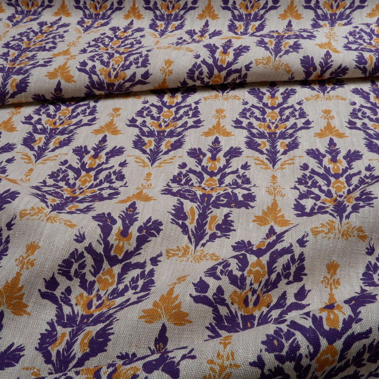 100% LINEN Fabric block print with purple yellow | oatmeal linen fabric with floral print | linen fabric for upholstery home decor