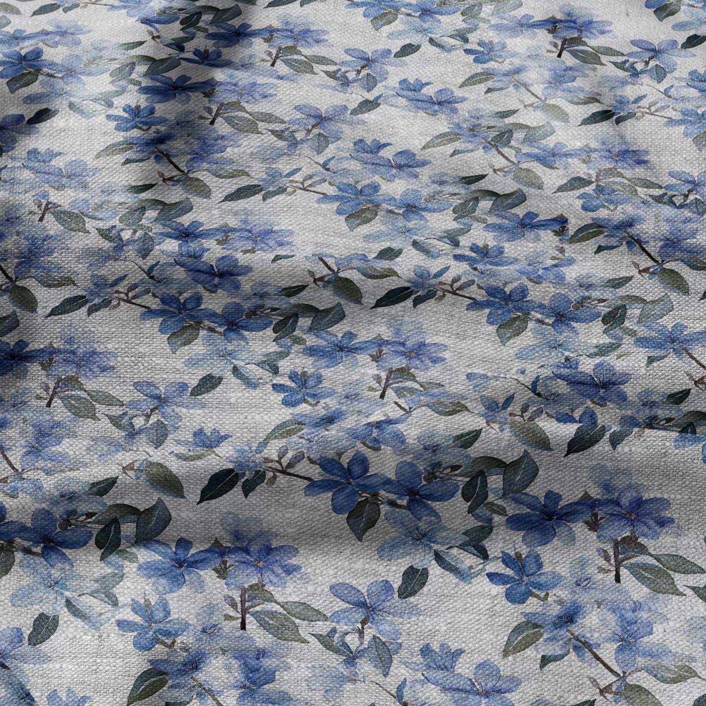 100% LINEN Fabric floral blue blossom print on oatmeal linen - blue gray heavy fabric for upholstery - medium weight linen dress making