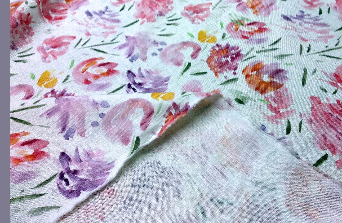 100% linen fabric Medium weight 150gsm Prewashed . Print watercolor flower . for blouses, dresses, curtains, scarves,