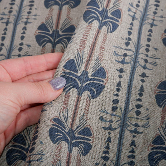 100% LINEN Fabric Stripe abstract blue block print on oatmeal natur linen, floral toile de jouy fabric, French linen floral upholstery 2237