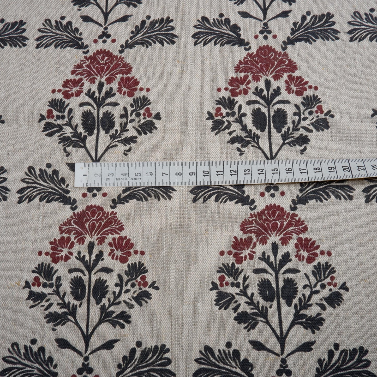 100% LINEN Fabric block print black red on grey | oatmeal linen fabric with floral print | linen fabric for upholstery home decor botanical
