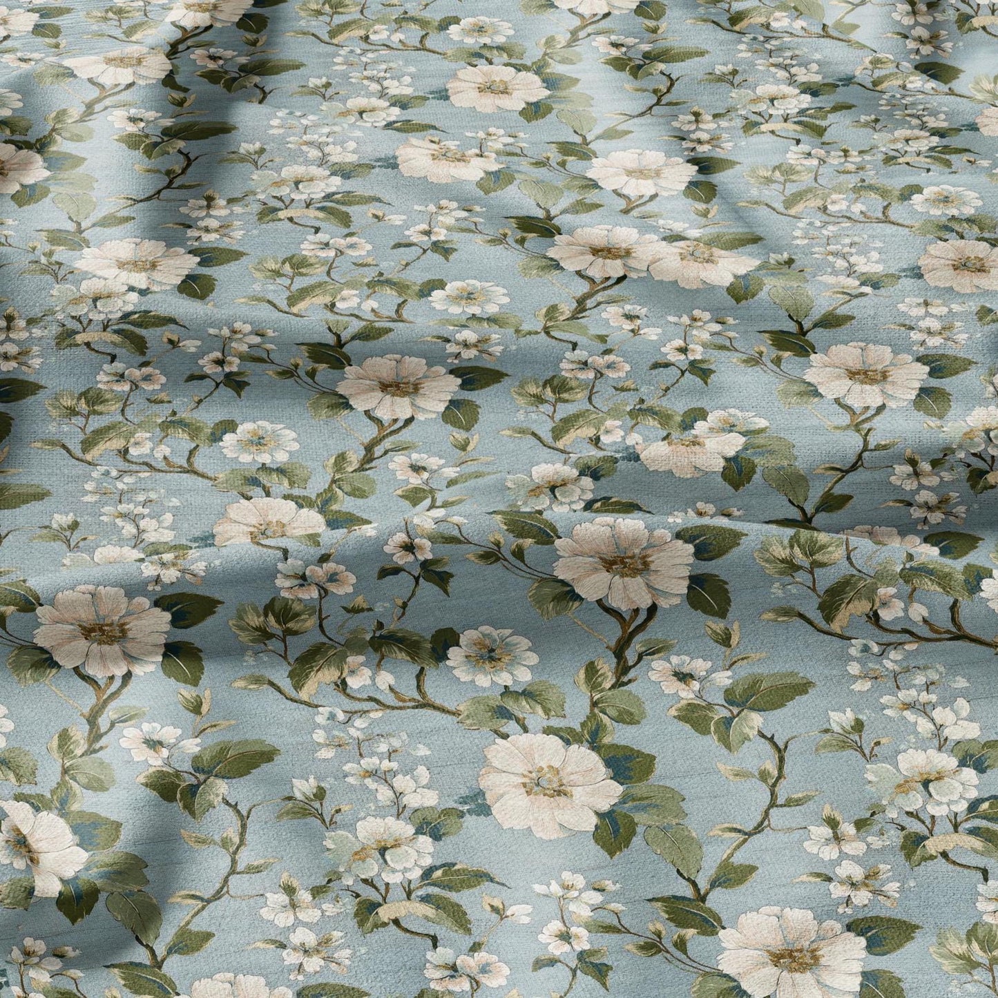 100% LINEN Fabric Apple Blossom print - modern contemporary Chinoiserie print on linen fabric upholstery dress making curtains