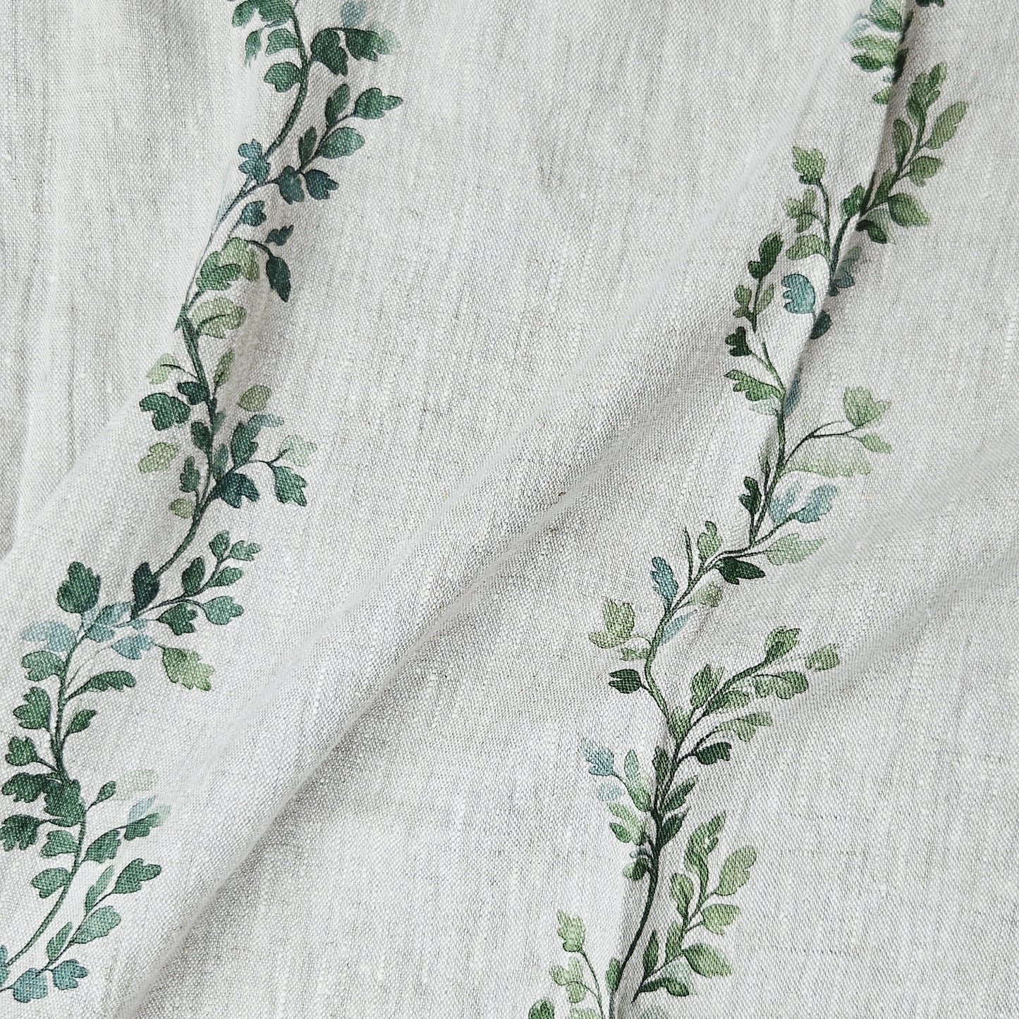 100% LINEN Fabric Striped floral print - block print green leaves on oatmeal linen for upholstery curtains dress making 2668
