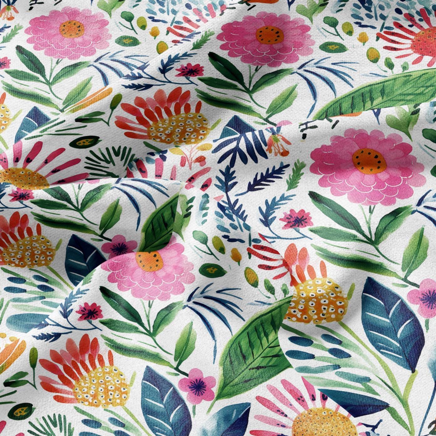 100% LINEN Fabric block print colorful bold flowers - Scandinavian Modernism floral print - heavy for upholstery medium for dressmaking 2029