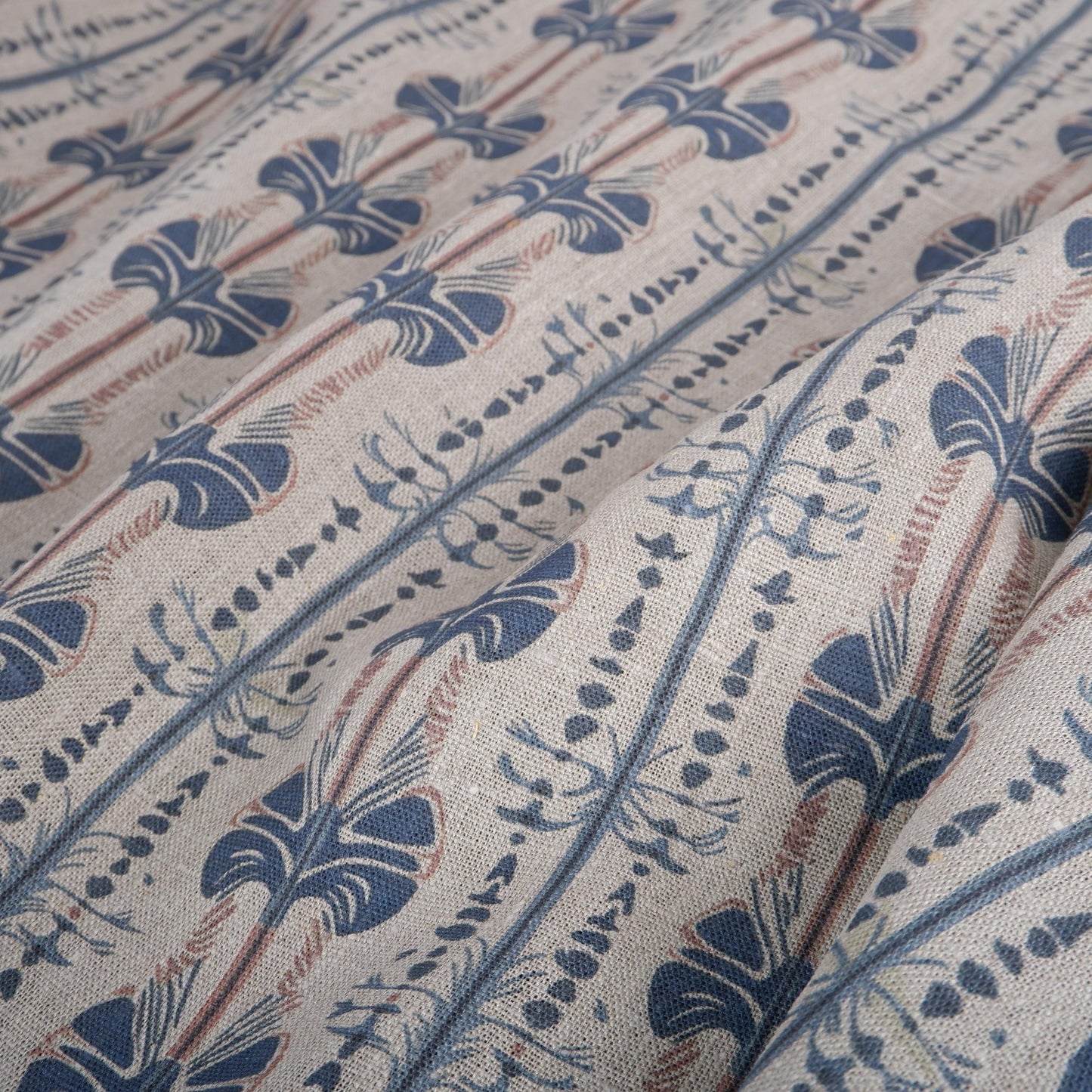 100% LINEN Fabric Stripe abstract blue block print on oatmeal natur linen, floral toile de jouy fabric, French linen floral upholstery 2237