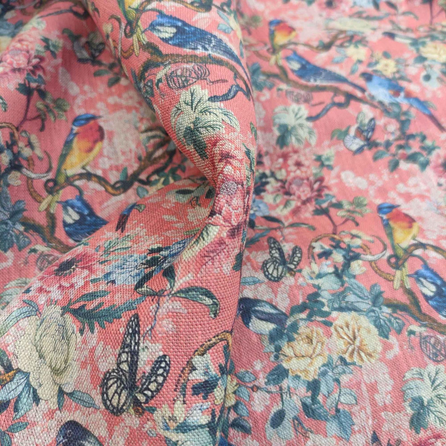 100% LINEN Fabric Toile de Jouy with flowers and birds, pink botanical print linen fabric for home decor upholstery