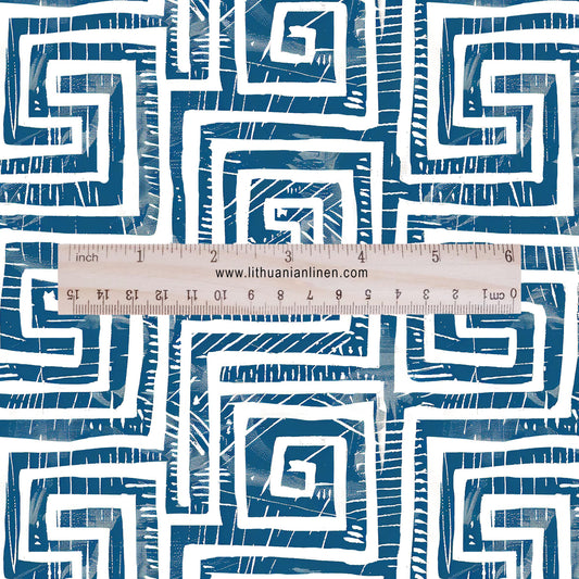 100% LINEN Fabric block Greek key Infinity print indigo blue on white - heavy linen fabric for upholstery home decor 2590
