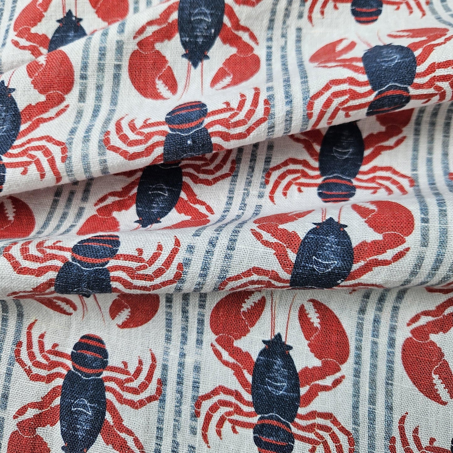100% LINEN Fabric LOBSTER stripe print - linen fabric with coastal print for upholstery home decor or medium for dress making 2535