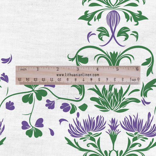 100% LINEN Fabric block print purple green white Thistle - Scandinavian floral print - heavy for upholstery medium for dressmaking 2004