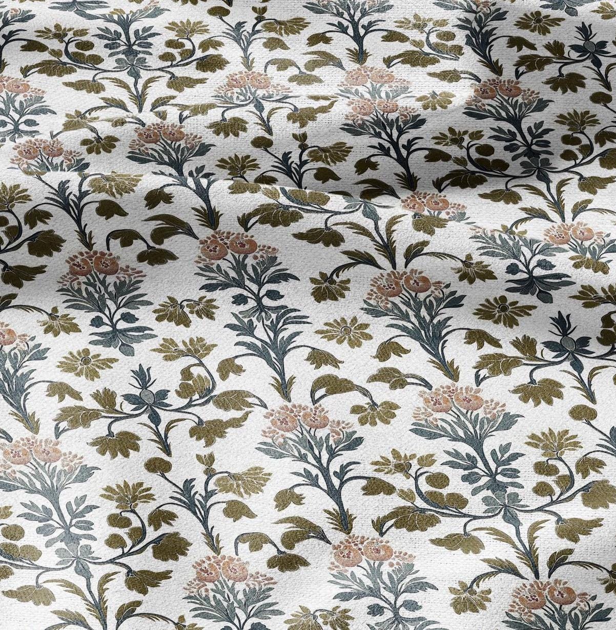 100% LINEN Fabric block print - linen fabric with blue red khaki white floral print - heavy linen fabric for upholstery home decor