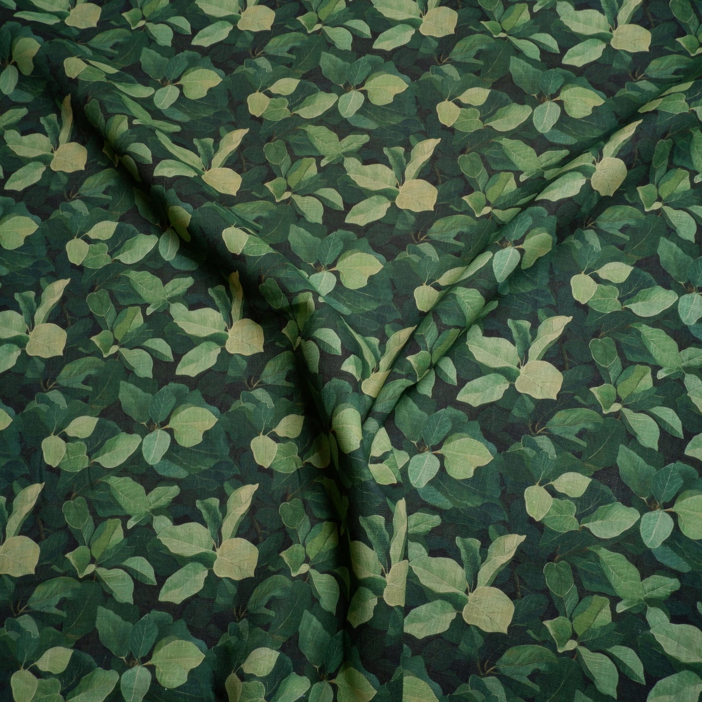 100% LINEN green fig leaves print on flax fabric - linen fabric with greenery print for upholstery home decor clothing dressmaking