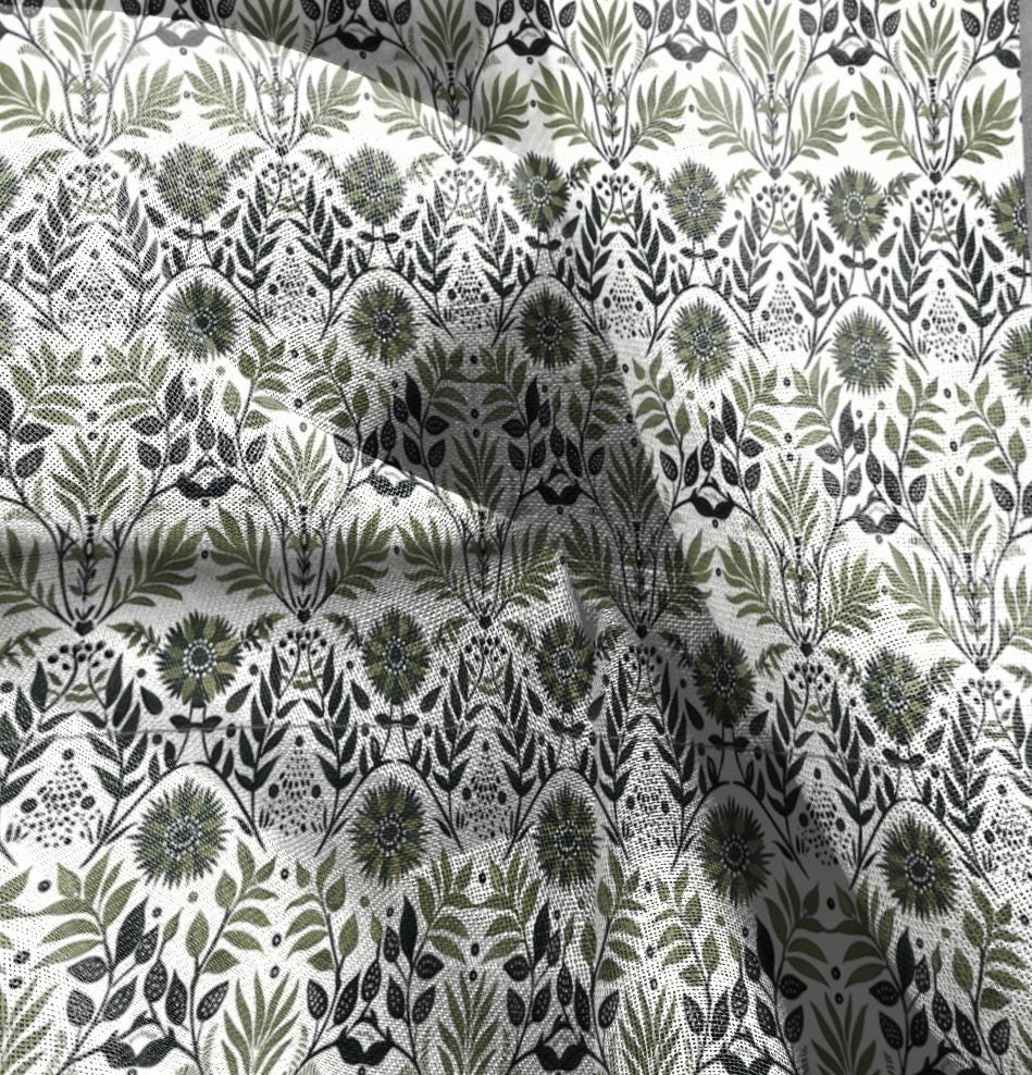 100% LINEN Fabric Floral green white, linen fabric with botanical block print, heavy linen fabric for upholstery home decor curtains cushion