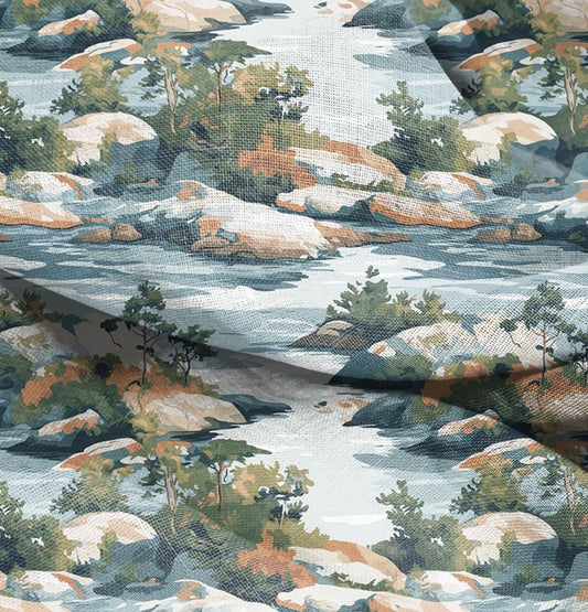 100% LINEN Fabric Stony island print, oatmeal natur linen fabric with blue floral print, heavy linen fabric for upholstery home decor