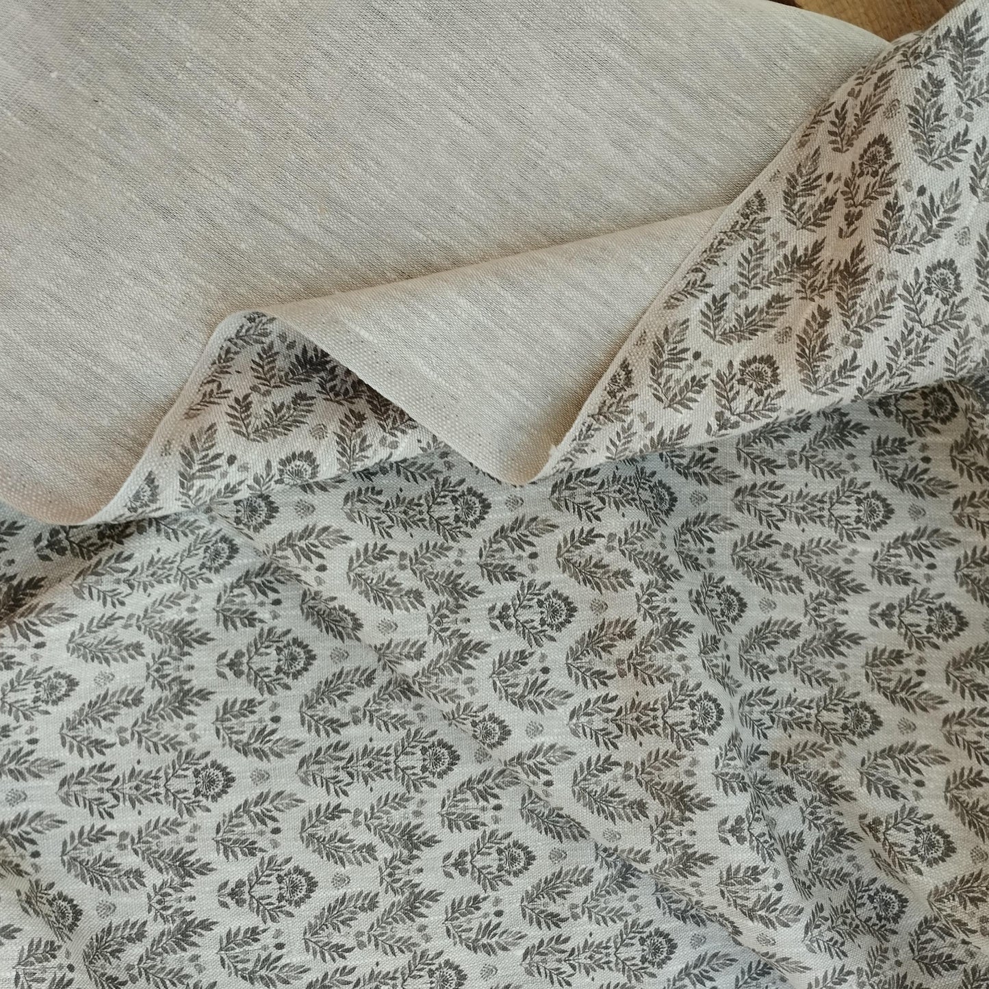 100% LINEN Fabric block print grey on linen, Heavy oatmeal linen fabric with grey print for upholstery home decor curtains 368N