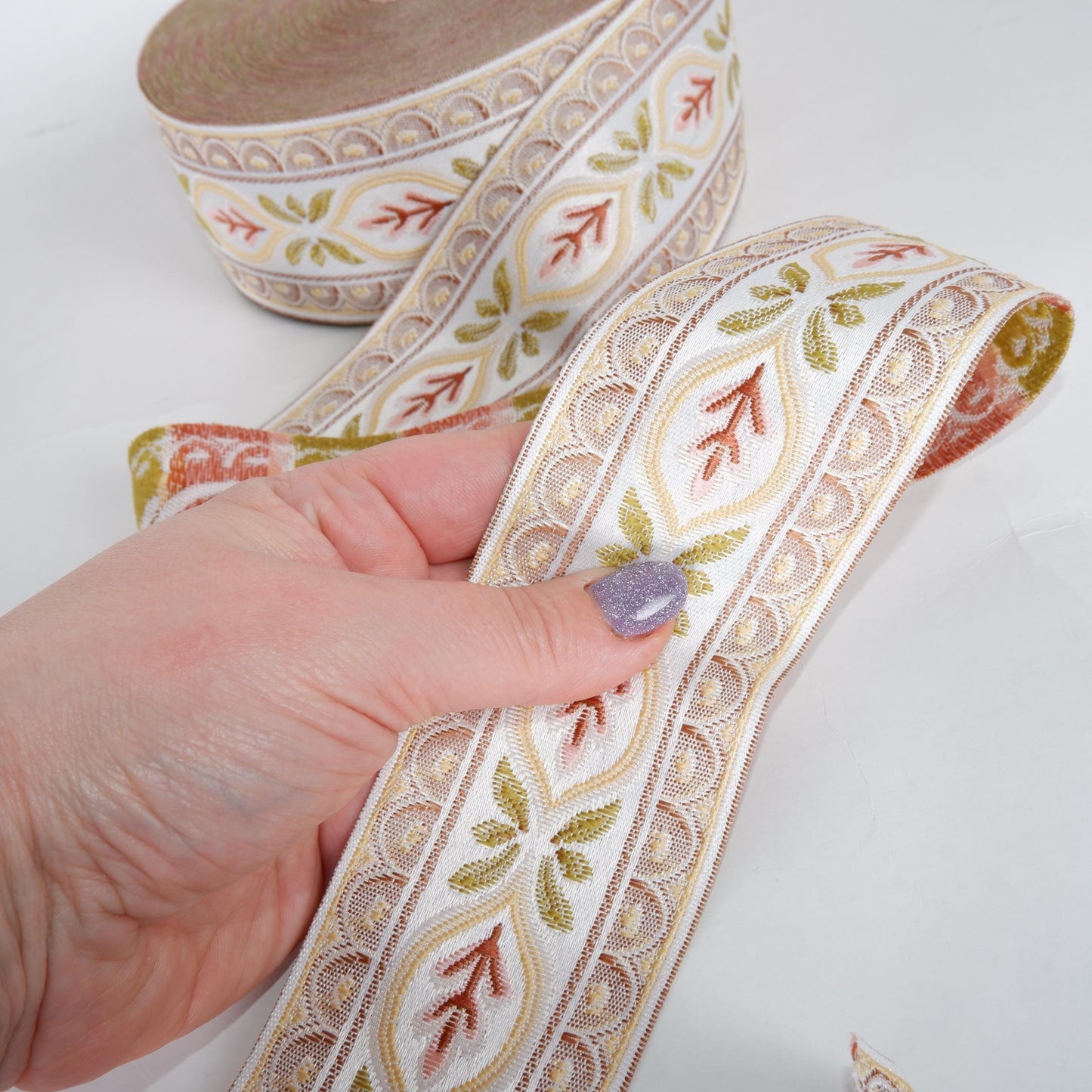 Jacquard woven fabric trim - Ribbon width 60 mm or 2.3" - Pale pink Decorative webbing Tape Trim