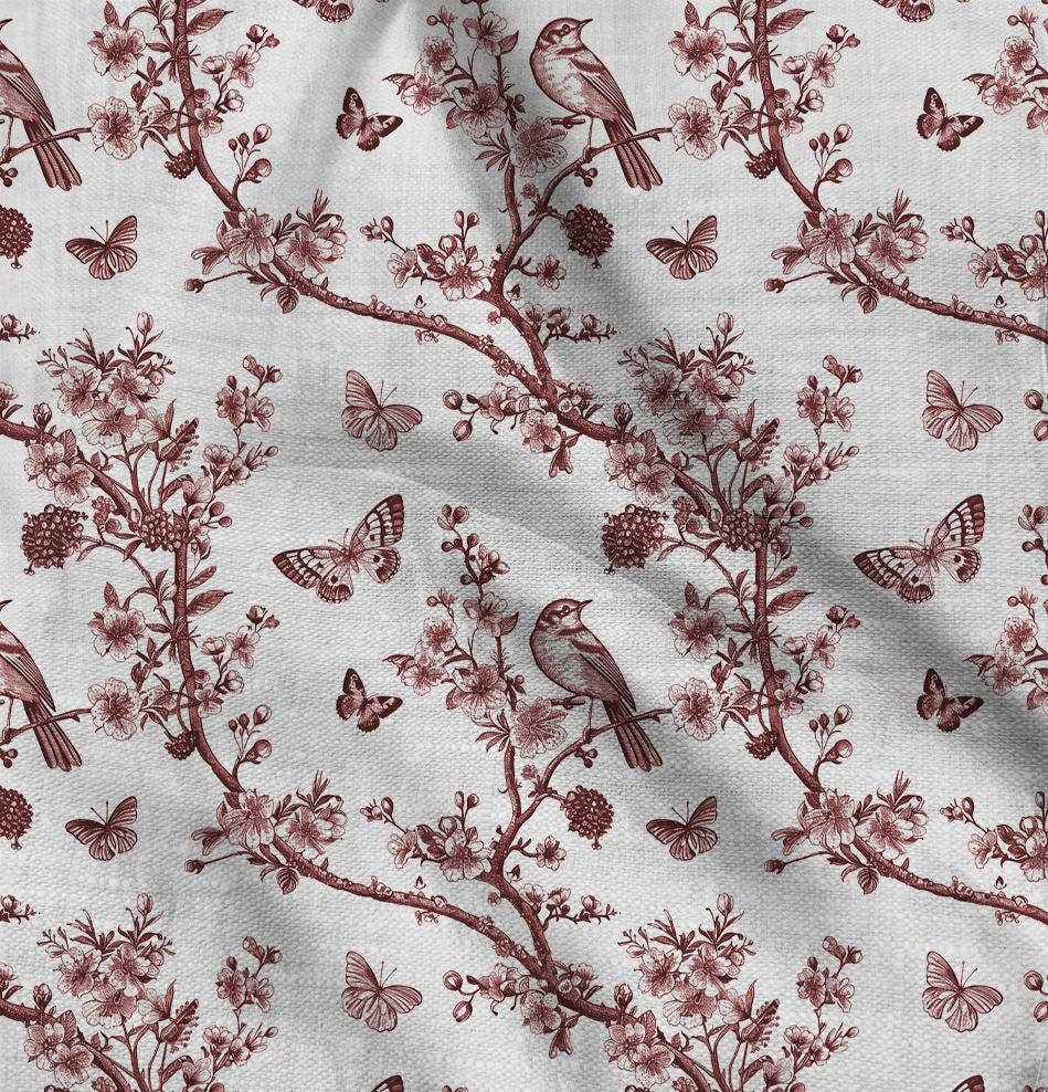100% LINEN Fabric Floral toile de jouy red print - linen fabric with botanical print - linen fabric for upholstery home decor curtains