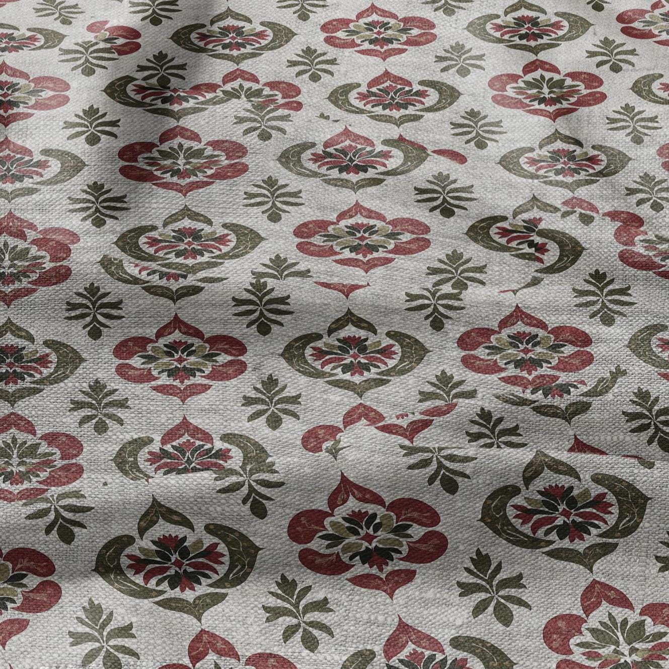 100% LINEN Fabric hand block print flowers - oatmeal linen fabric with red green print - fabric for home decor upholstery