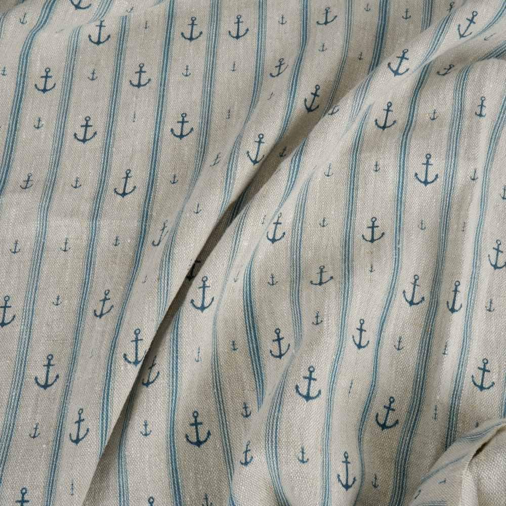 100% LINEN Fabric Anchor stripe print on oatmeal linen - Marine blue gray heavy for upholstery - medium weight linen dress making 2764
