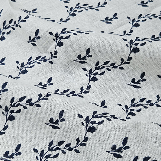 100% LINEN Fabric Striped floral indigo blue  - block print vinesprint for upholstery curtains dress making 2642