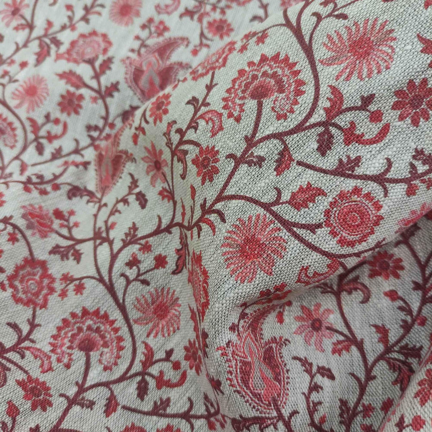 100% LINEN Fabric Toile de Jouy Paisley flowers, oatmeal natur linen fabric with red print, French linen fabric upholstery