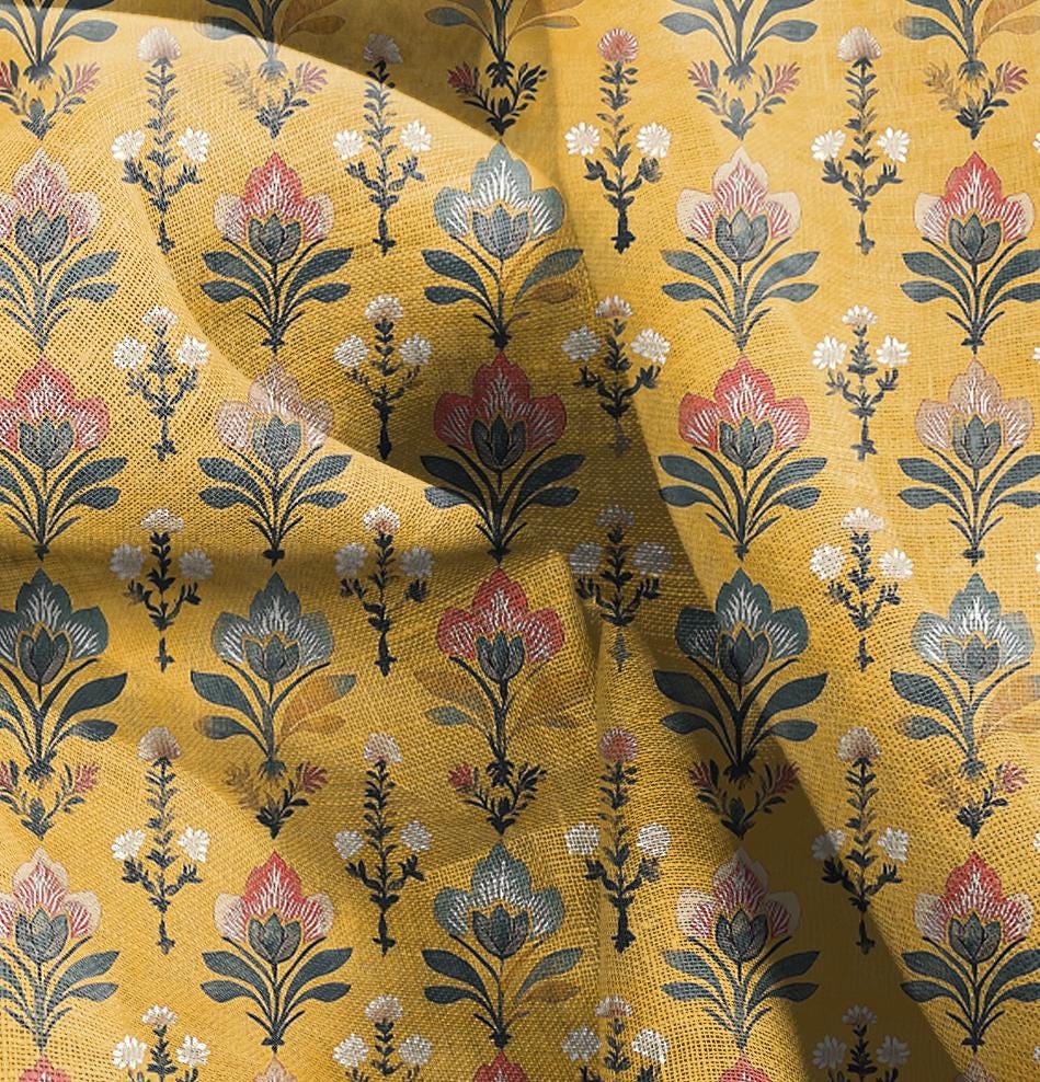 100% LINEN Fabric block print, oatmeal natur linen fabric with mustard floral print, heavy linen fabric for upholstery home decor