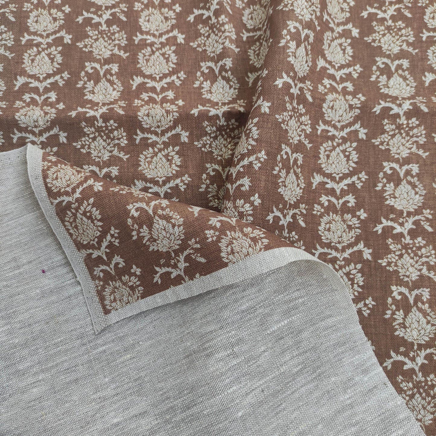 100% linen beige Block prints fabric for Curtain Upholstery Cushion Viburnum- Art deco flower print fabric for dress making sewing