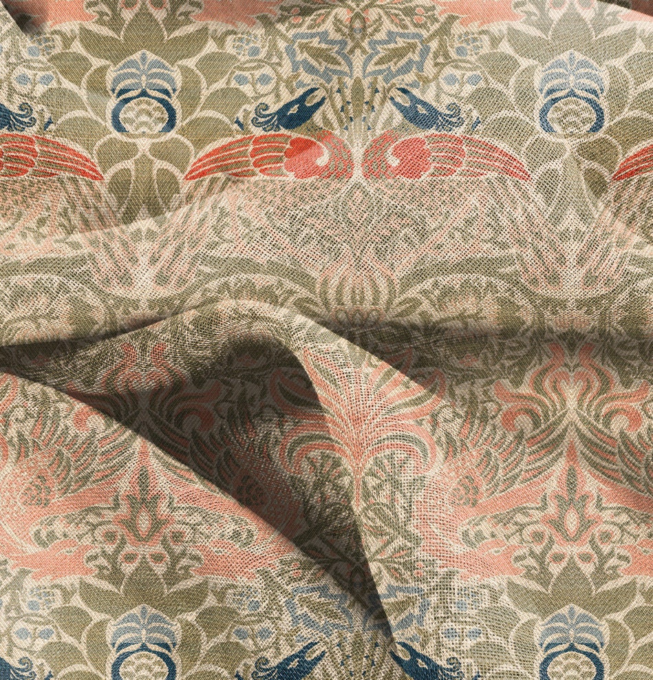 William Morris Dragon and peacock print on 100% LINEN, Victorian Art and crafts linen Fabric, Linen fabric botanical Historical pattern
