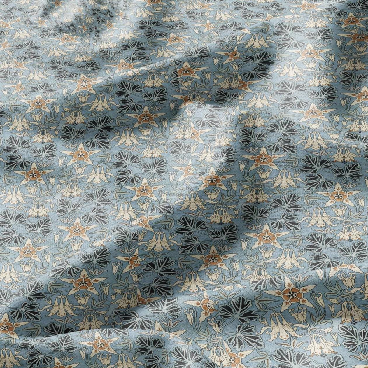 100% linen Columbine prints fabric for Curtain Upholstery Cushion - Art deco blue flower print fabric for dress making sewing 2451