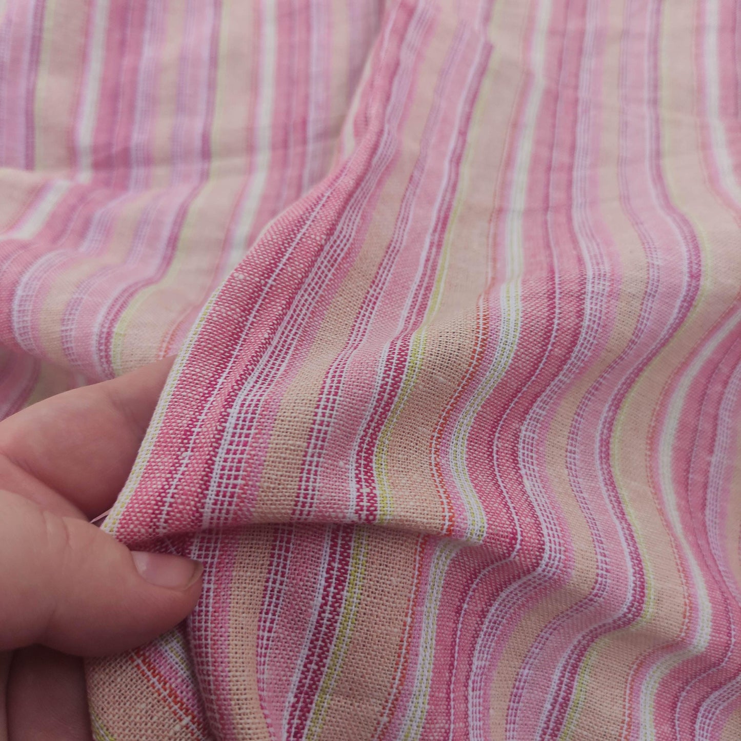 Premium Linen Santorini striped Fabric in red pink white | Medium weight multicolor stripes in red T138