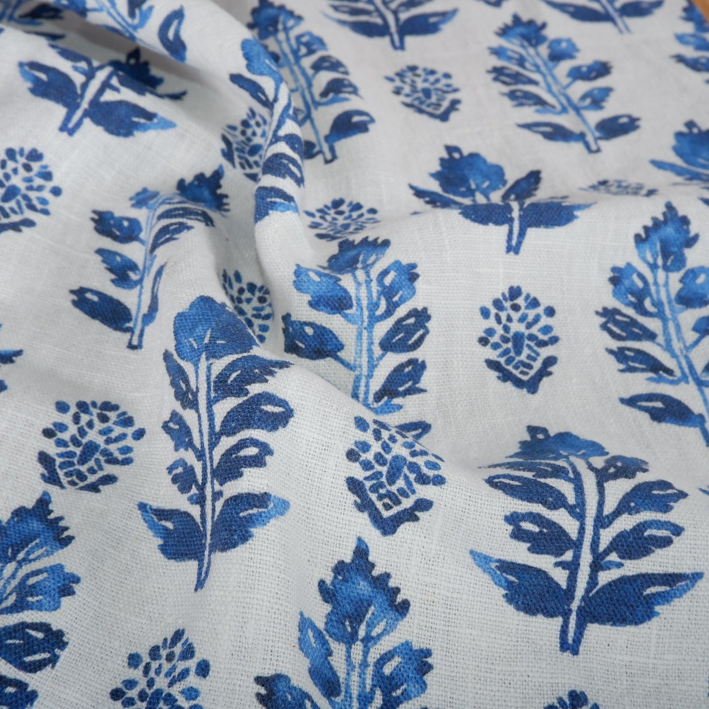 100% LINEN Fabric block print blue white - linen fabric with indian blue floral print, heavy linen fabric for upholstery home decor