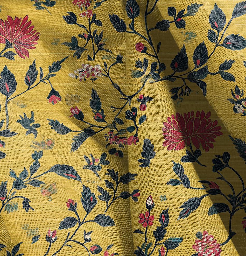 100% LINEN Fabric in heavy weight with floral mustard print - botanical linen fabric for upholstery home decor curtains pillowcases 2563