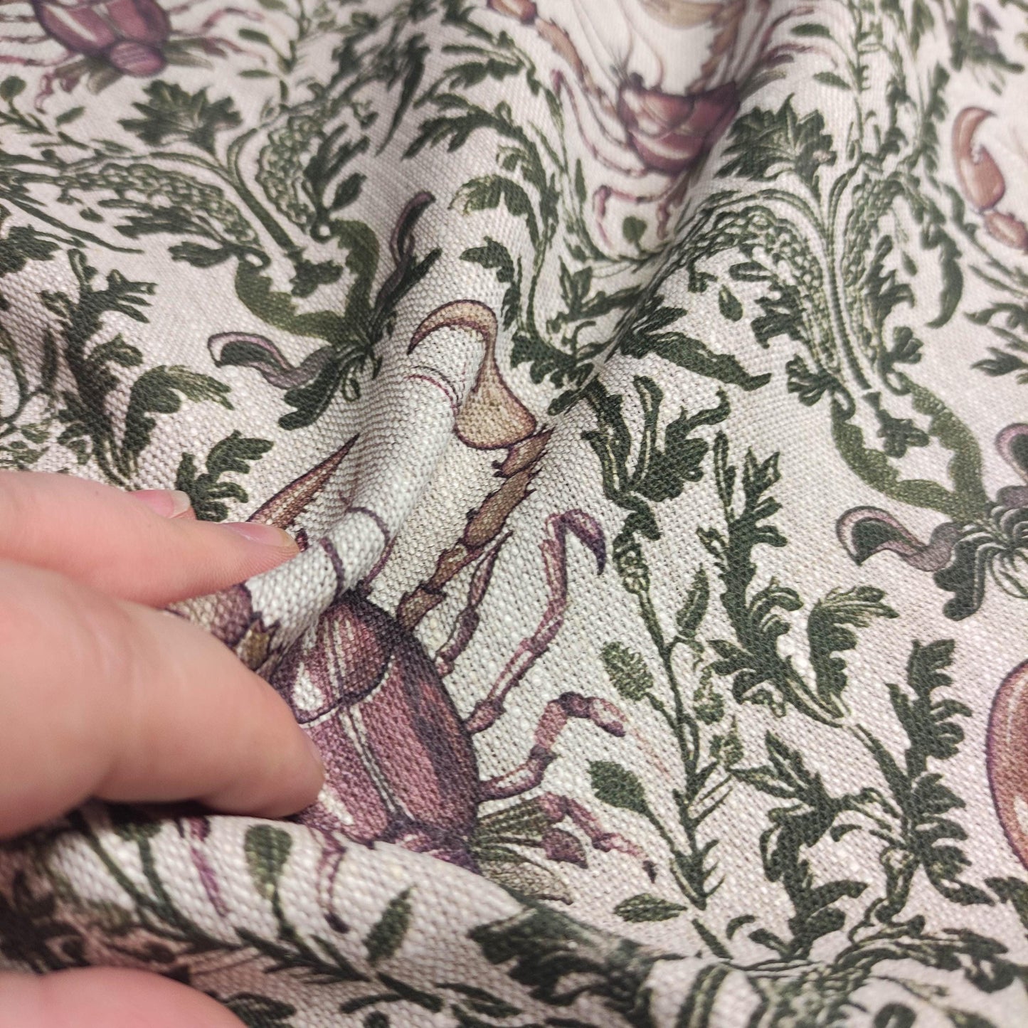 100% LINEN Fabric LOBSTER print, oatmeal linen fabric with green purple coastal print for upholstery home decor LOBSTER