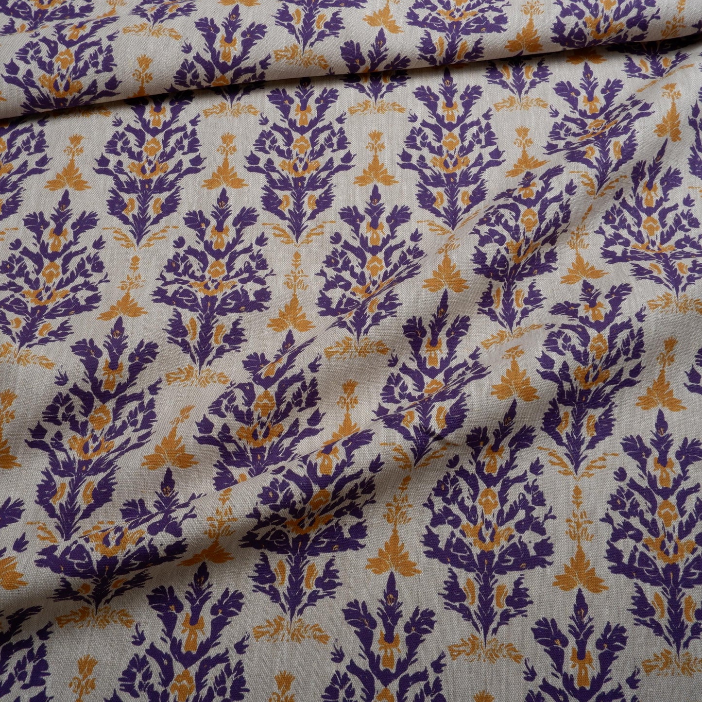 100% LINEN Fabric block print with purple yellow | oatmeal linen fabric with floral print | linen fabric for upholstery home decor