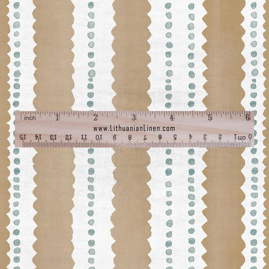 100% LINEN Fabric Scalloped stripe print - retro sepia brown dot stripe - for upholstery home decor - medium for dress making 2884GR