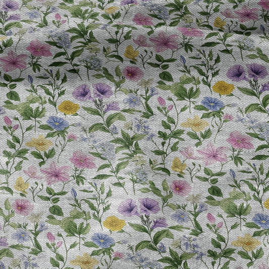 100% LINEN Fabric Summer flowers print - pink green yellow print on oatmeal linen for home decor sewing dress clothing 2209