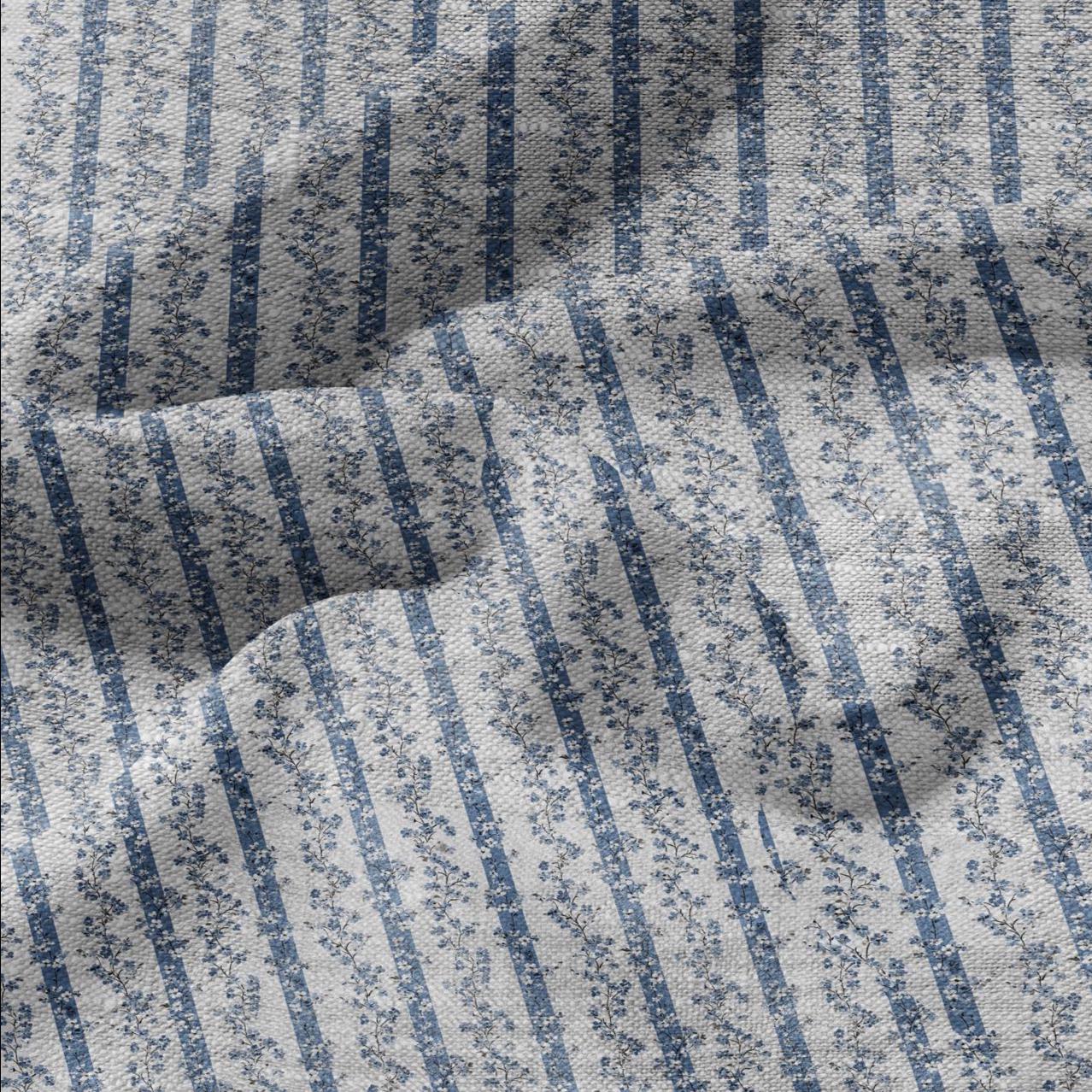 100% LINEN Fabric floral stripe block print on oatmeal linen - blue gray heavy fabric for upholstery - medium weight linen dress making 2502