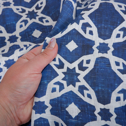 100% LINEN Fabric arabesque Abstract indigo blue - Oriental blue print on linen fabric for upholstery curtains dress making ARABESCA