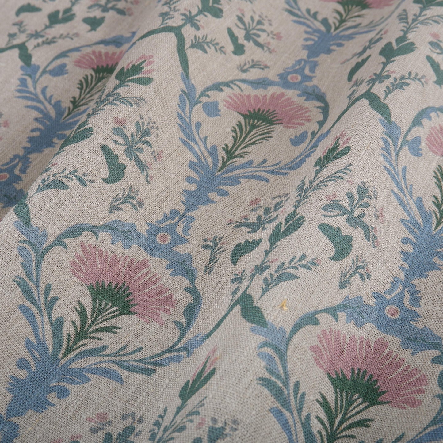 100% LINEN Fabric pink blue block print on oatmeal natur linen, floral toile de jouy fabric, French linen floral upholstery 2254